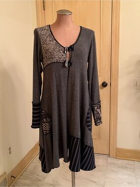 HAND JIVE Art To Wear Mixed Media Lagenlook Granola 2 Button A-Line Cardigan S